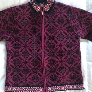 LL BEAN Magenta and Black Zippered Heavy Sweater Jacket, Size Large.